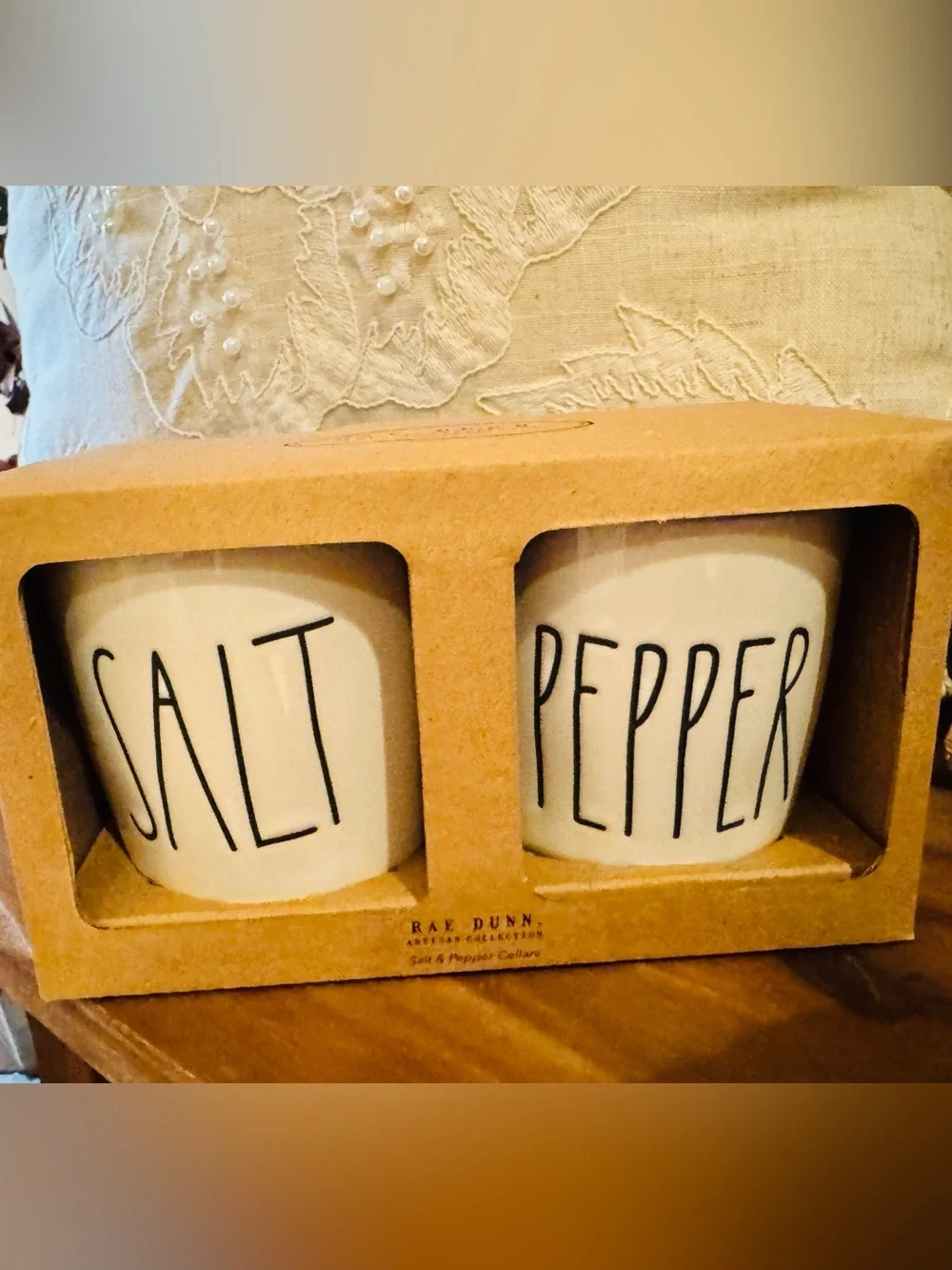 Rae Dunn Salt and Pepper Cellar Set with Wooden Lids, New in Box
